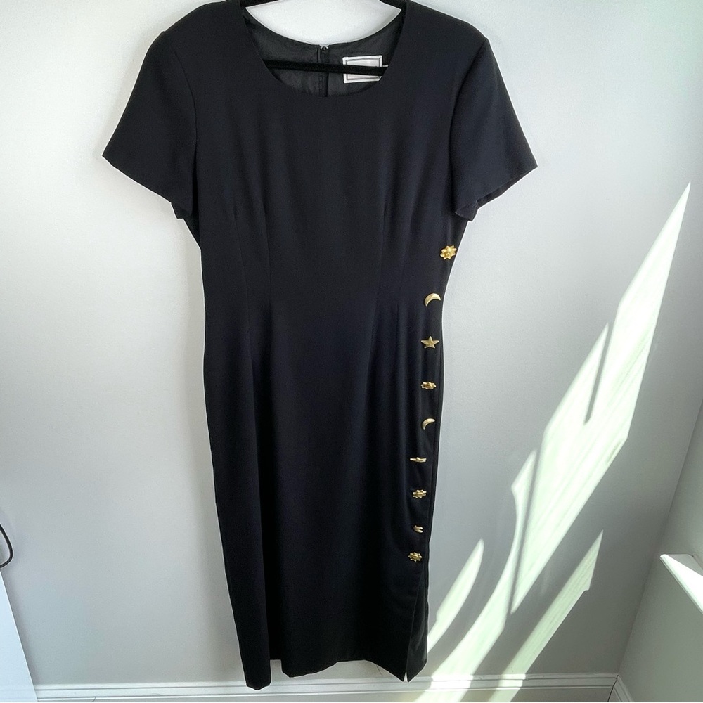 Misty Lane Chic Vintage Black Midi Dress With Gold Buttons Accent Size 8